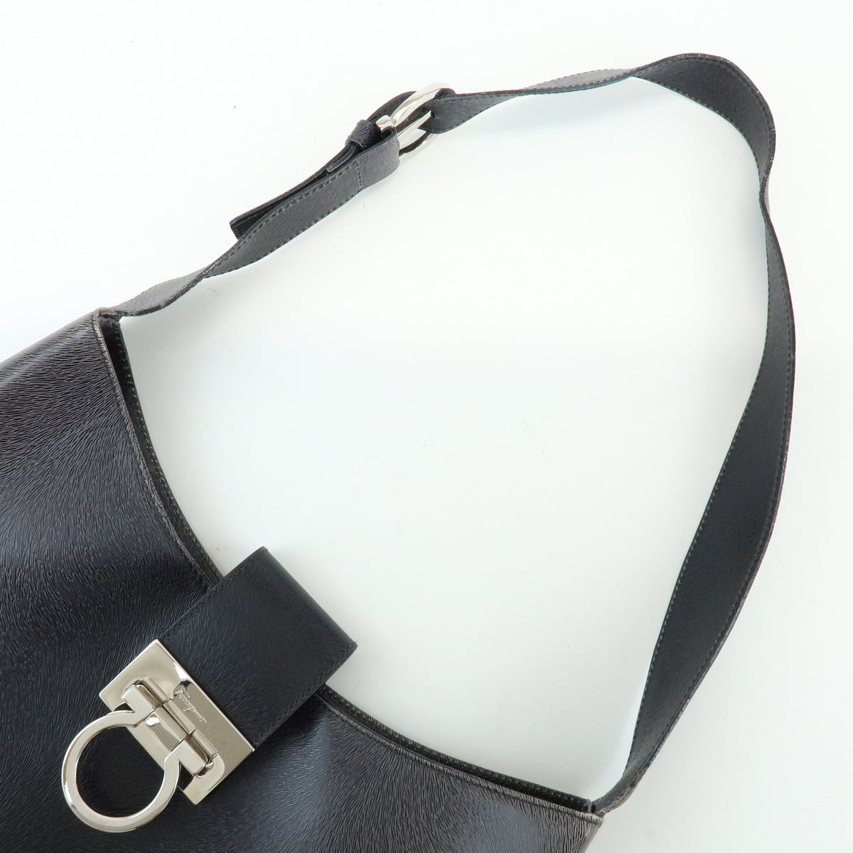 Salvatore Ferragamo Gancio Flap Hobo Leather, Black, Leather, Shoulder Bag