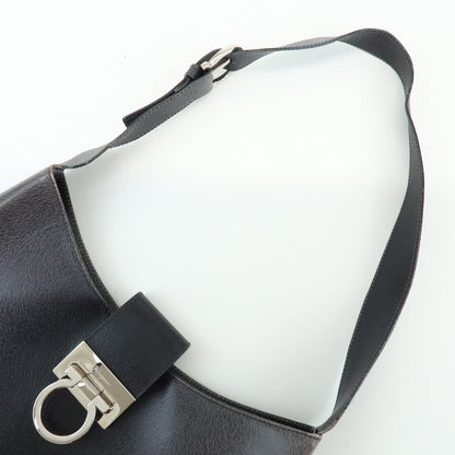 Salvatore Ferragamo Gancio Flap Hobo Leather, Black, Leather, Shoulder Bag