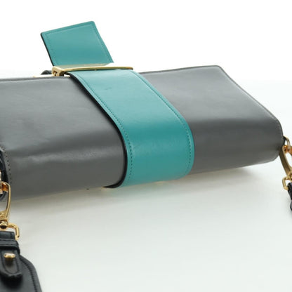 Prada Metal Ribbon City Calfskin, Gray, Leather, Shoulder Bag