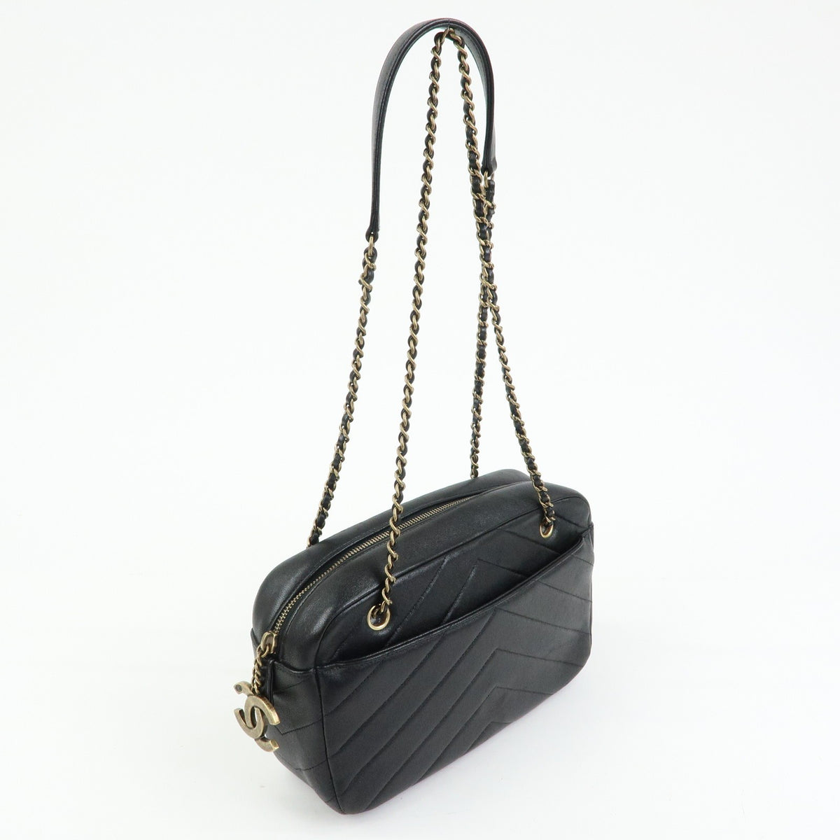 Chanel Camera Chevron Lambskin, Black, Leather, Handbag