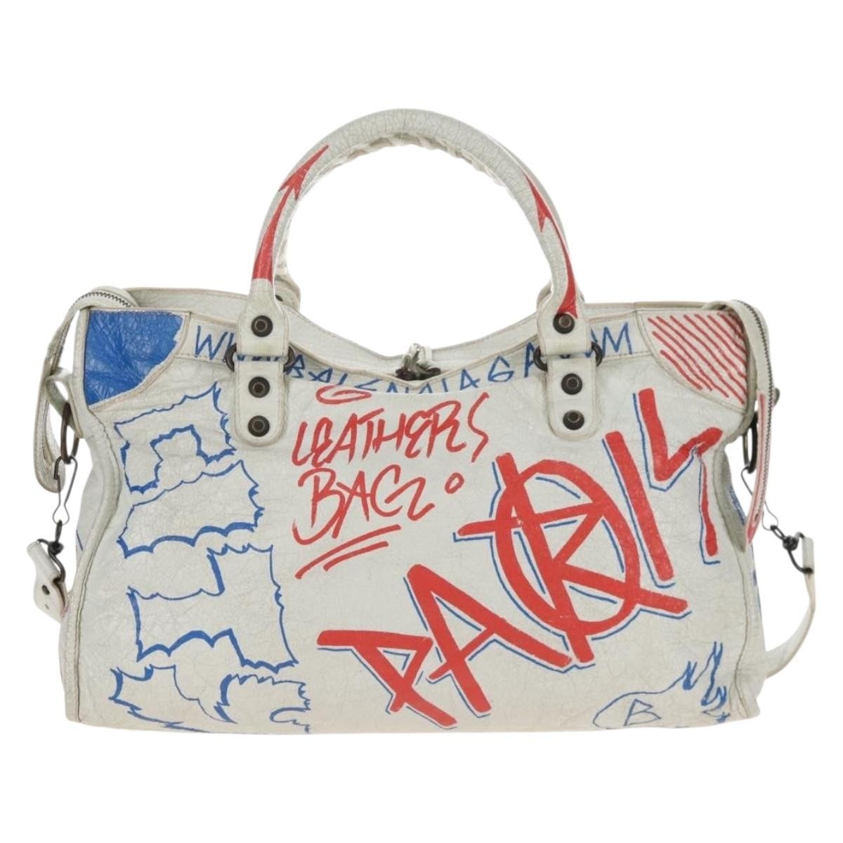 Balenciaga City Graffiti Classic Studs Leather, White, Leather, Handbag