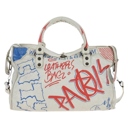 Balenciaga City Graffiti Classic Studs Leather, White, Leather, Handbag