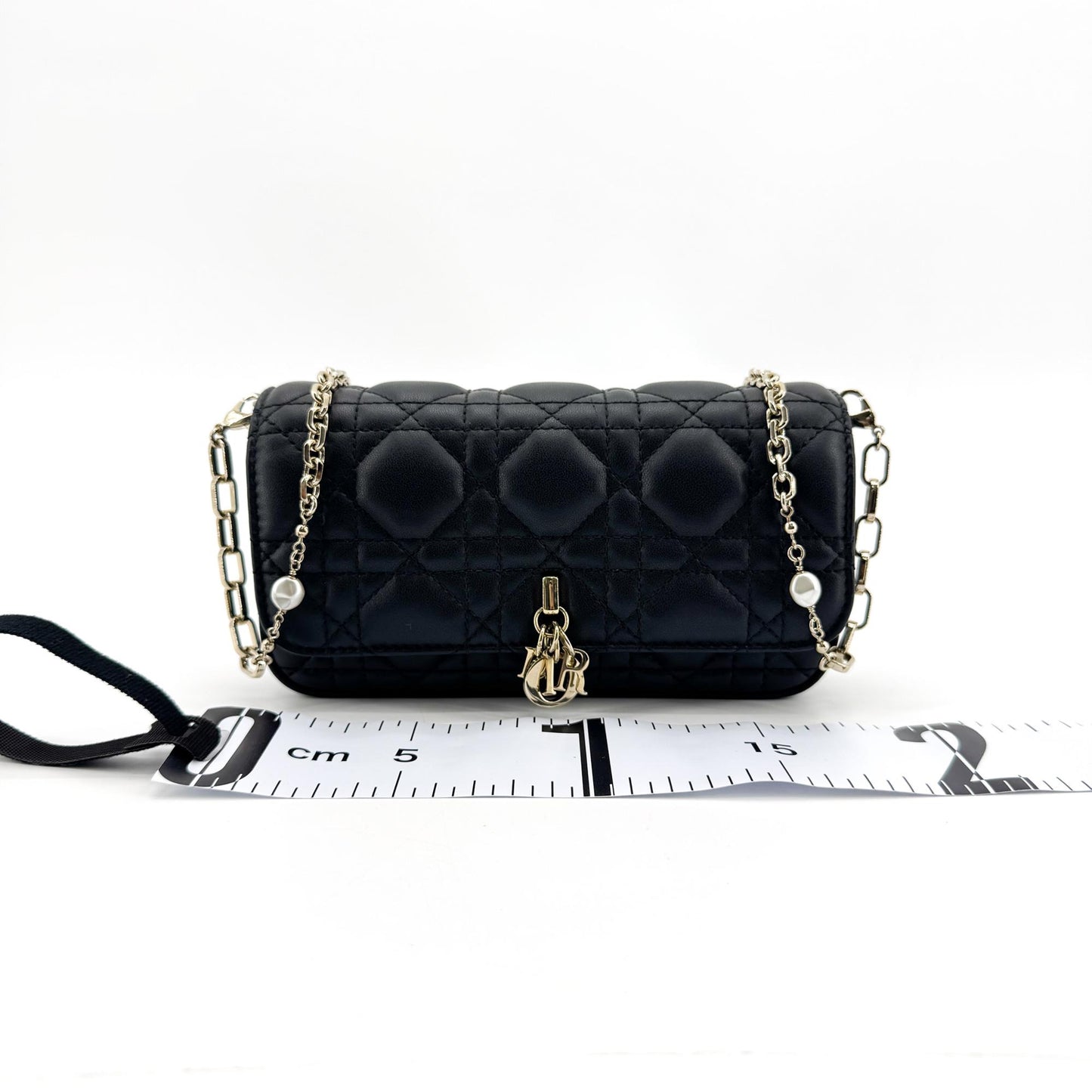 Christian Dior Lady Dior Chain Phone Cannage Quilt Lambskin, Black, Leather, Clutch