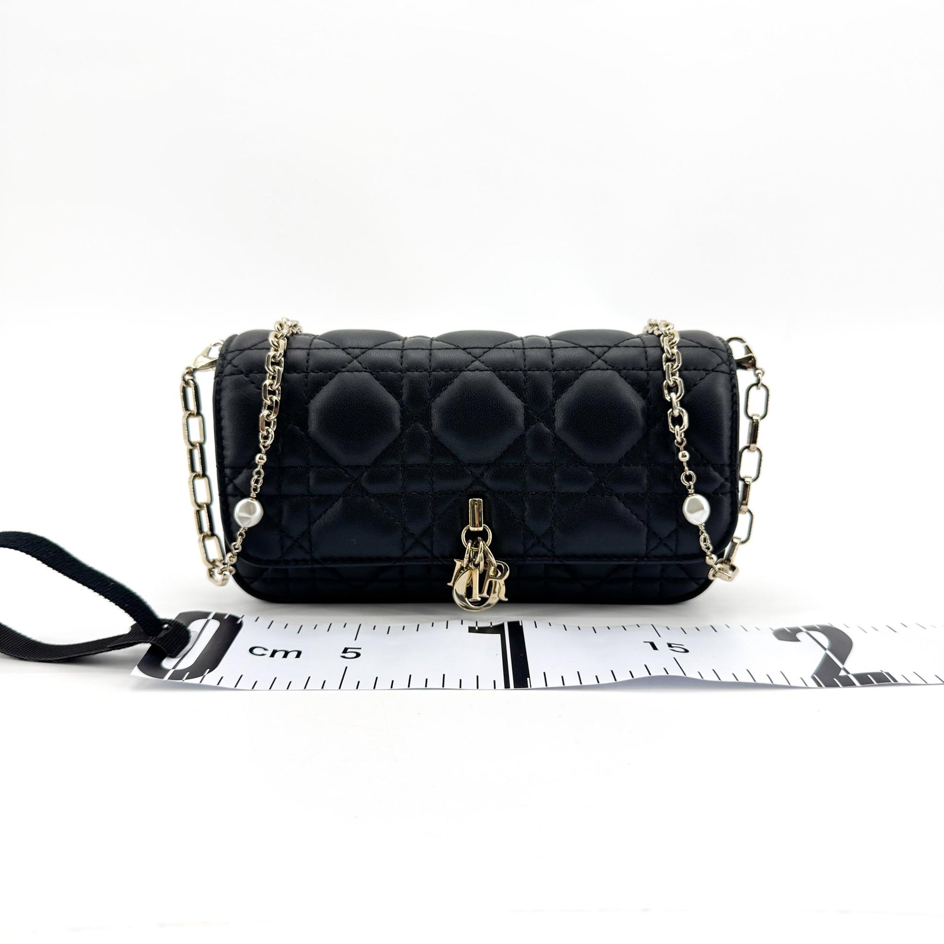 Christian Dior Lady Dior Chain Phone Cannage Quilt Lambskin, Black, Leather, Clutch
