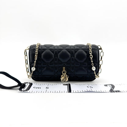 Christian Dior Lady Dior Chain Phone Cannage Quilt Lambskin, Black, Leather, Clutch