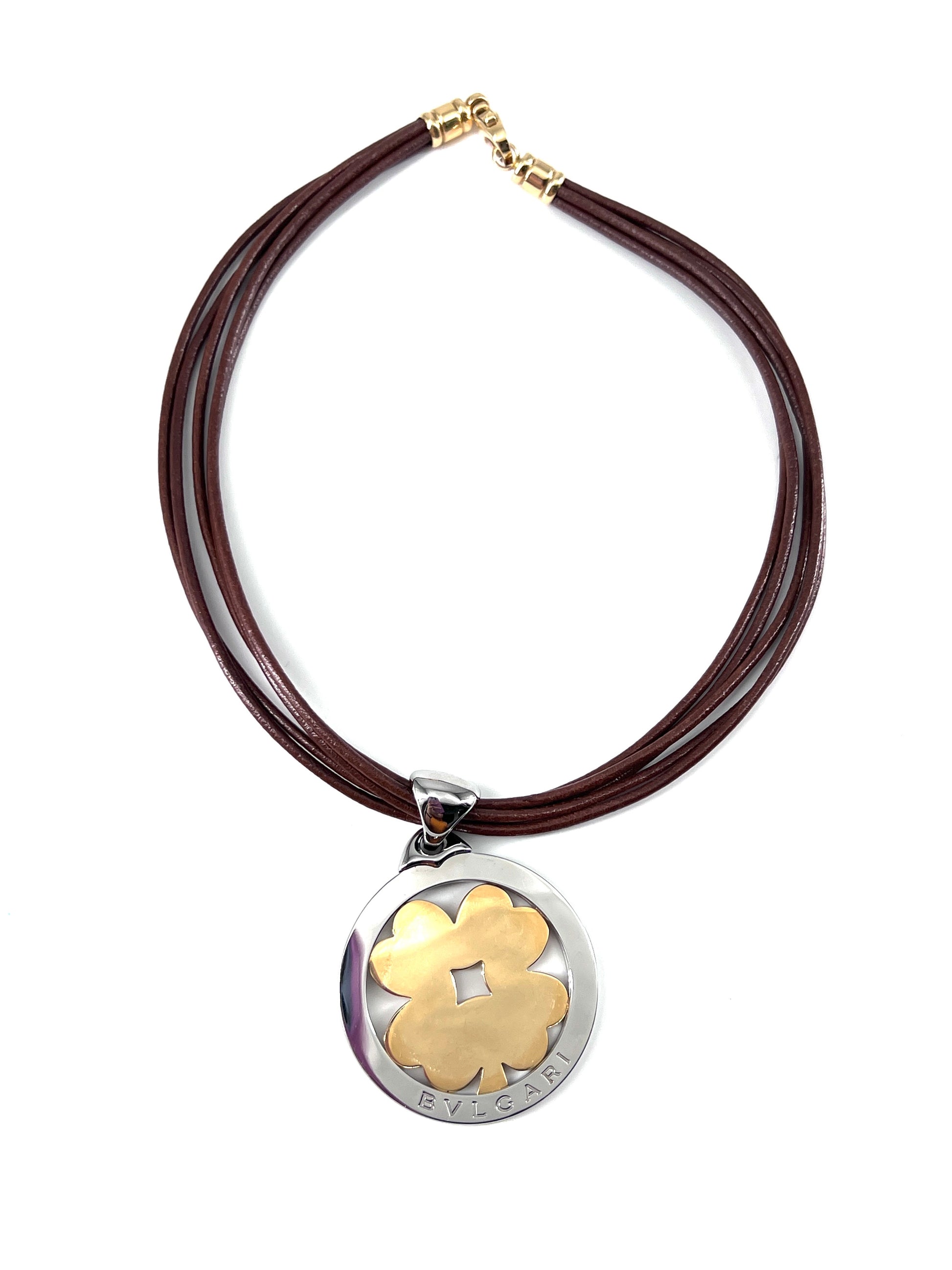 Bvlgari Tondo Clover Pendant Necklace Stainless Steel with 18K Yellow Gold and Cord, BROWN, YELLOW_GOLD, Necklace