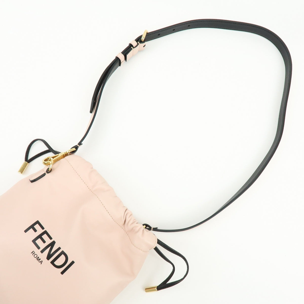 Fendi Logo Drawstring Leather, Pink, Leather, Handbag