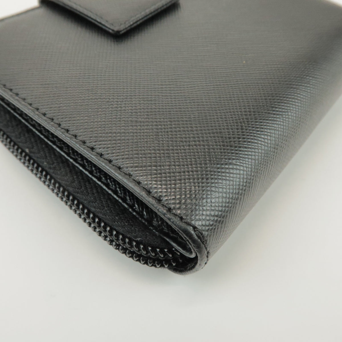 Prada Bifold Zip Around Saffiano Leather, Black, Leather, Wallet