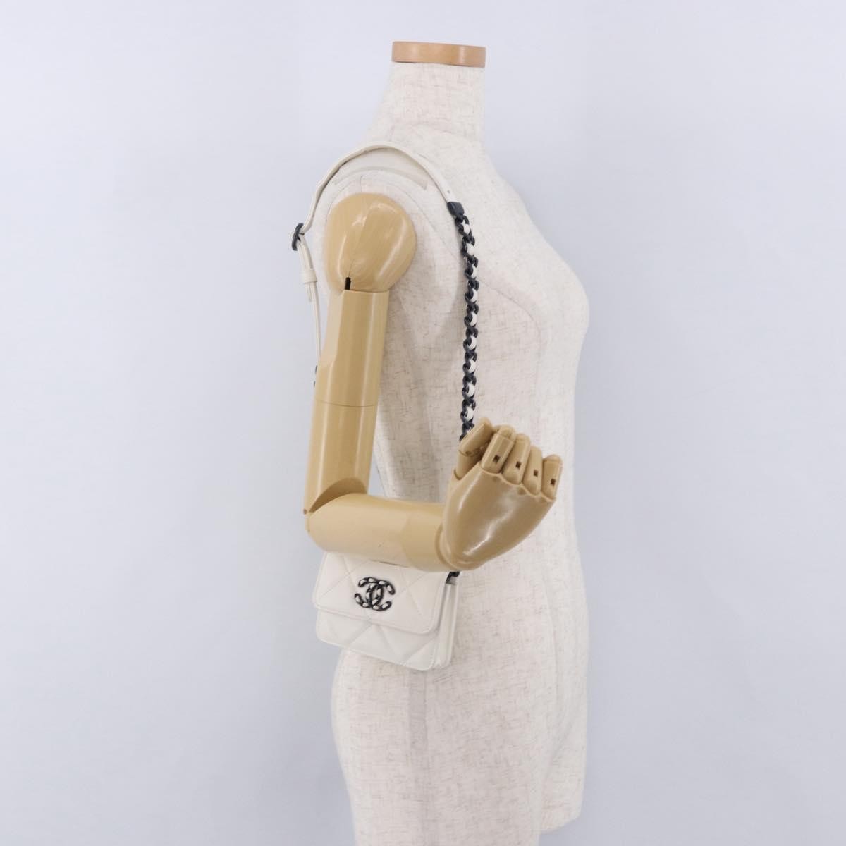 Chanel 19 Flap Coin Purse Belt Quilted Lambskin, White, Leather, Clutch