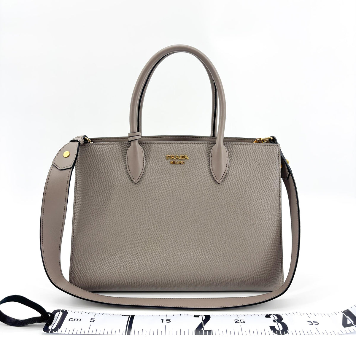 Prada Side Pleat Saffiano Leather, Gray, Leather, Tote Bag