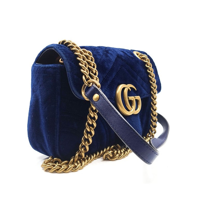 Gucci GG Marmont Flap Matelasse Velvet, Blue, Velvet, Handbag