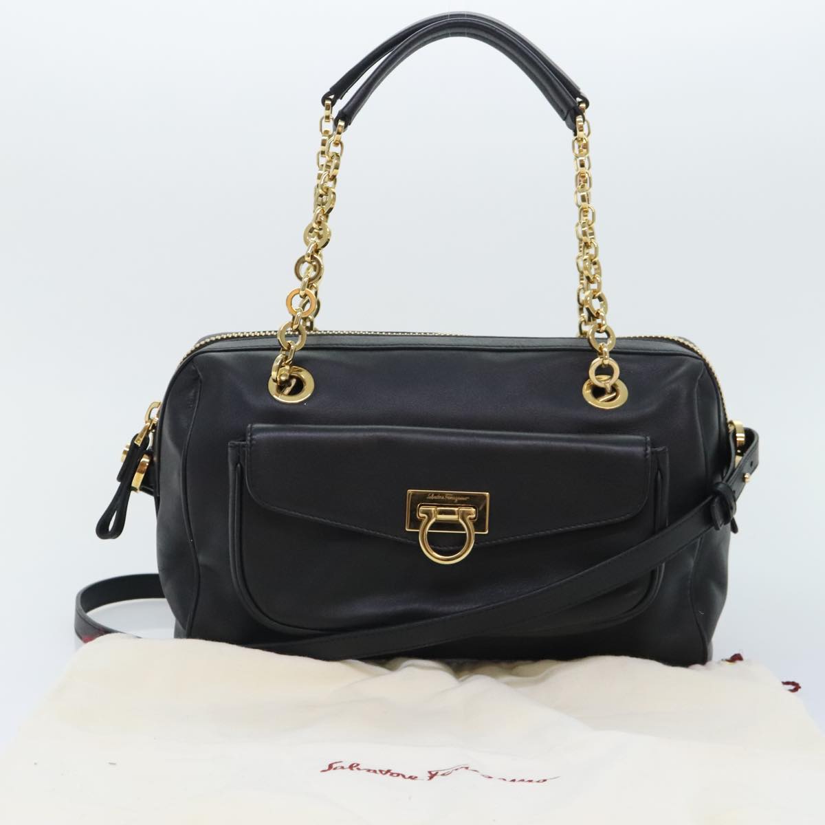 Salvatore Ferragamo Gancini, Black, Leather, shoulder