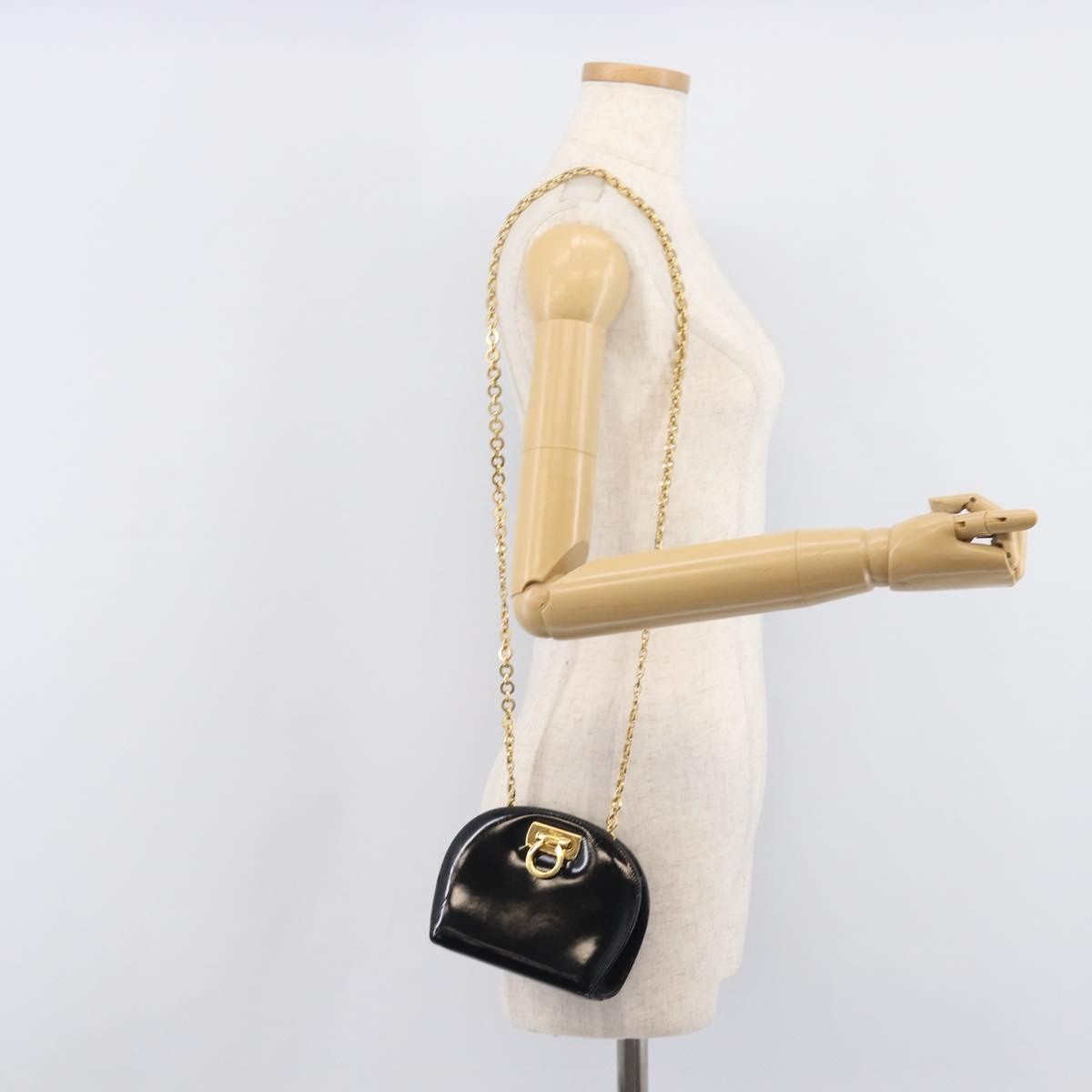 Salvatore Ferragamo Vintage Gancini Chain Patent Leather, Black, Patent Leather, Shoulder Bag