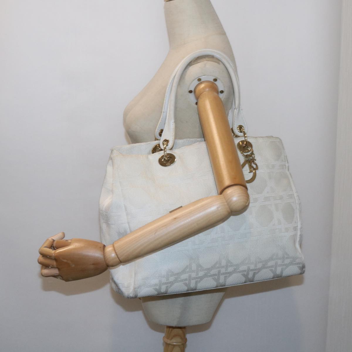 Dior Lady Dior, White, Canvas, handbag