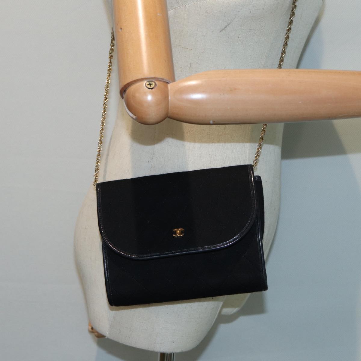 Chanel Mini matelassé, Black, Cotton, shoulder