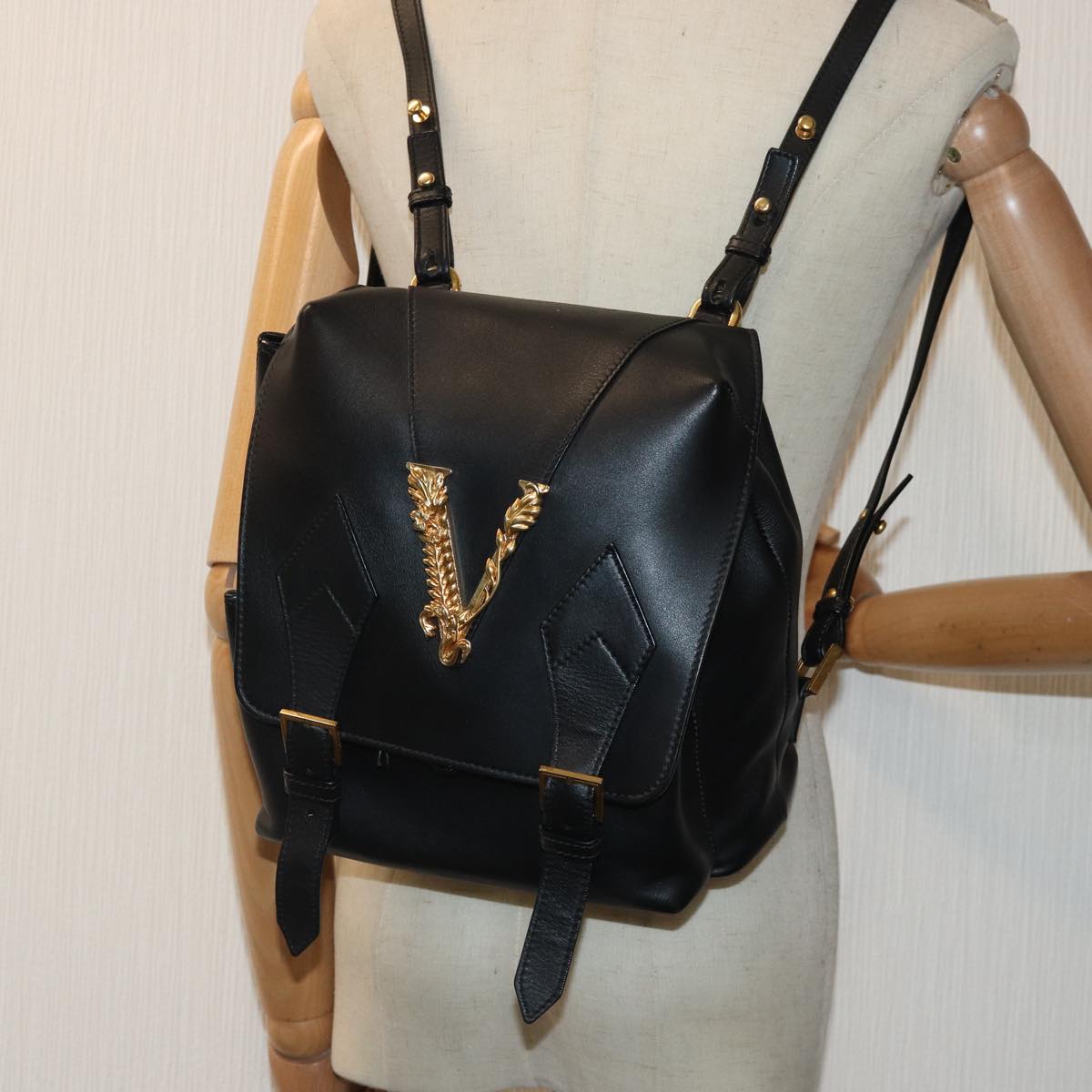 Versace Virtus, Black, Leather, backpack