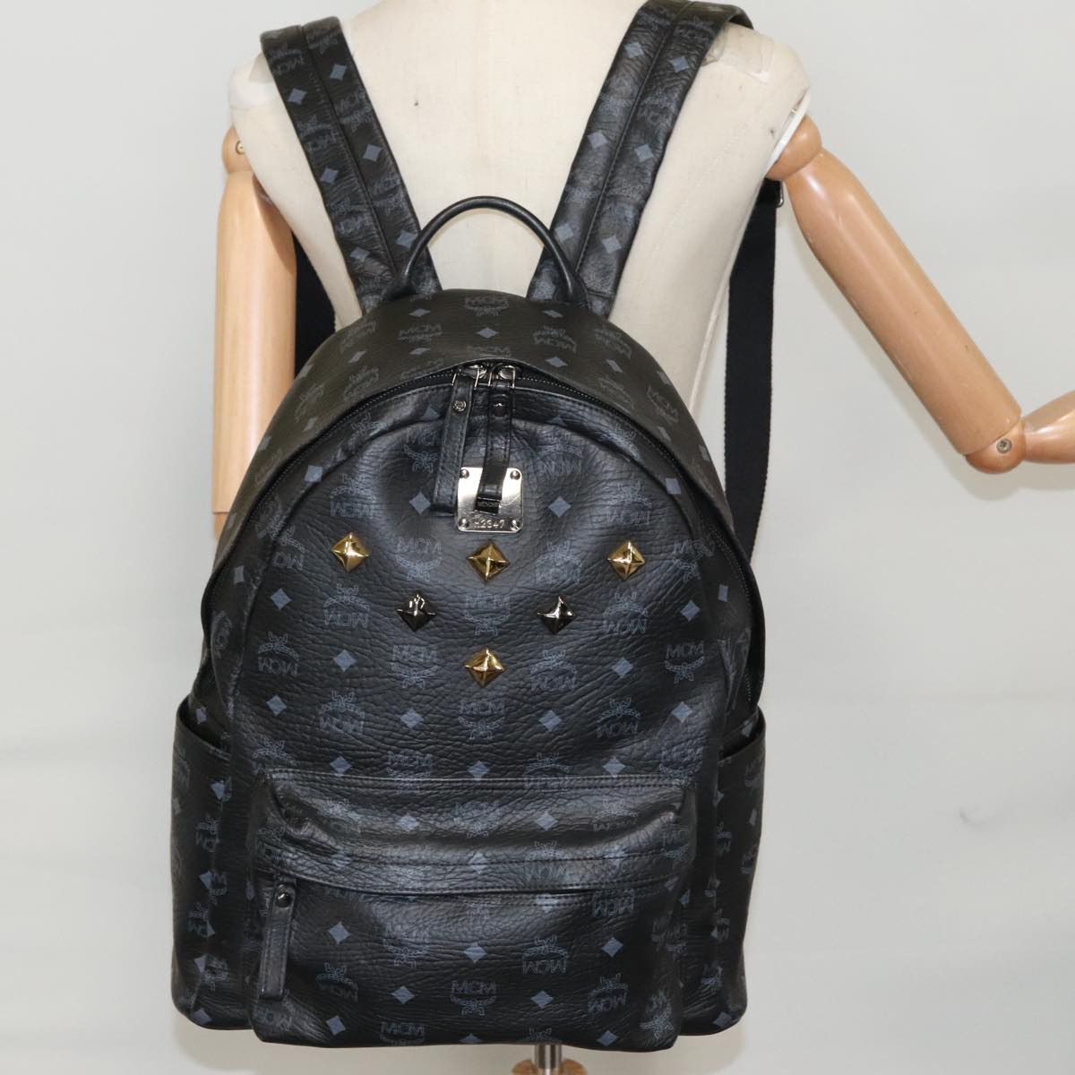 MCM Visetos, Black, Canvas, backpack