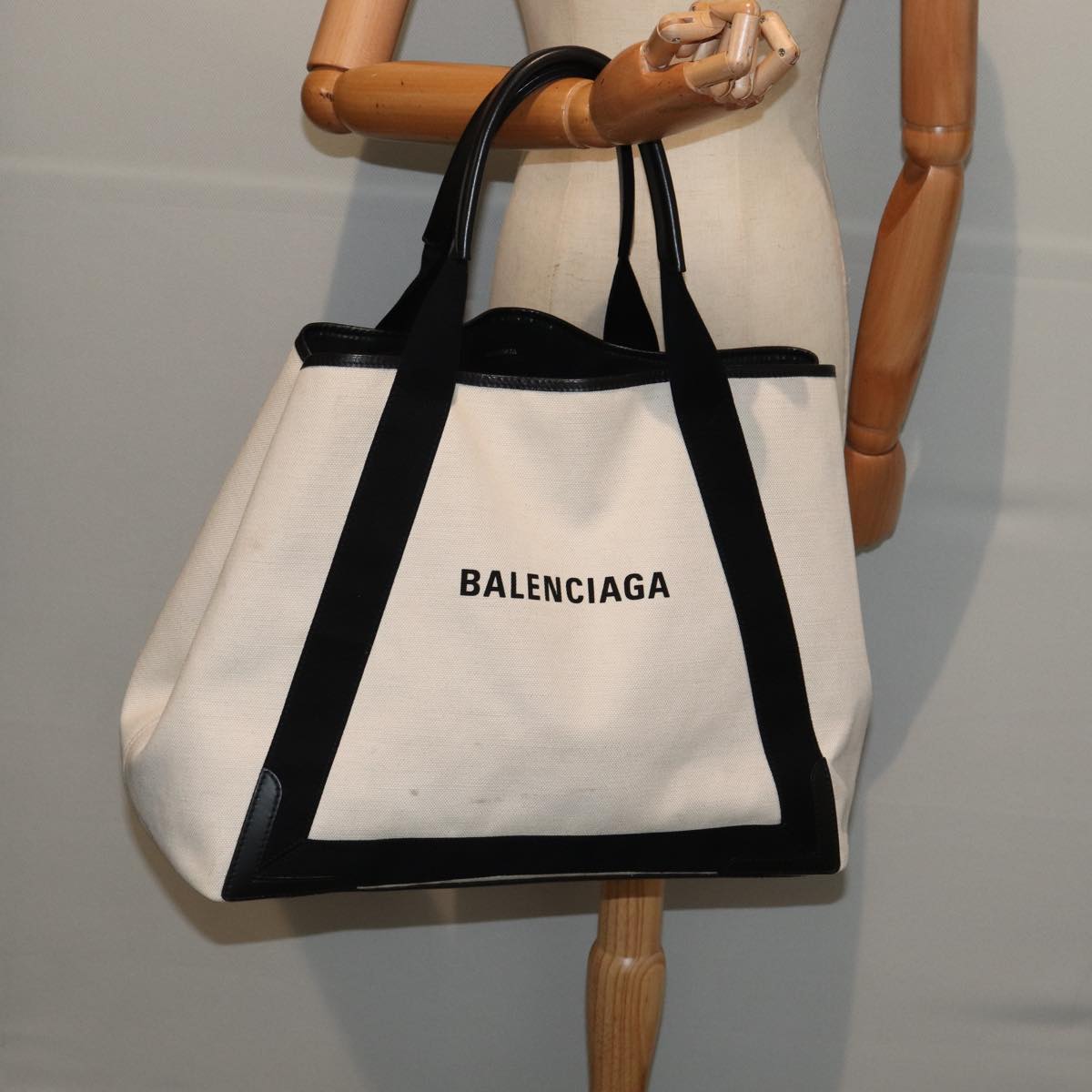 Balenciaga Navy Cabas, White, Canvas, tote