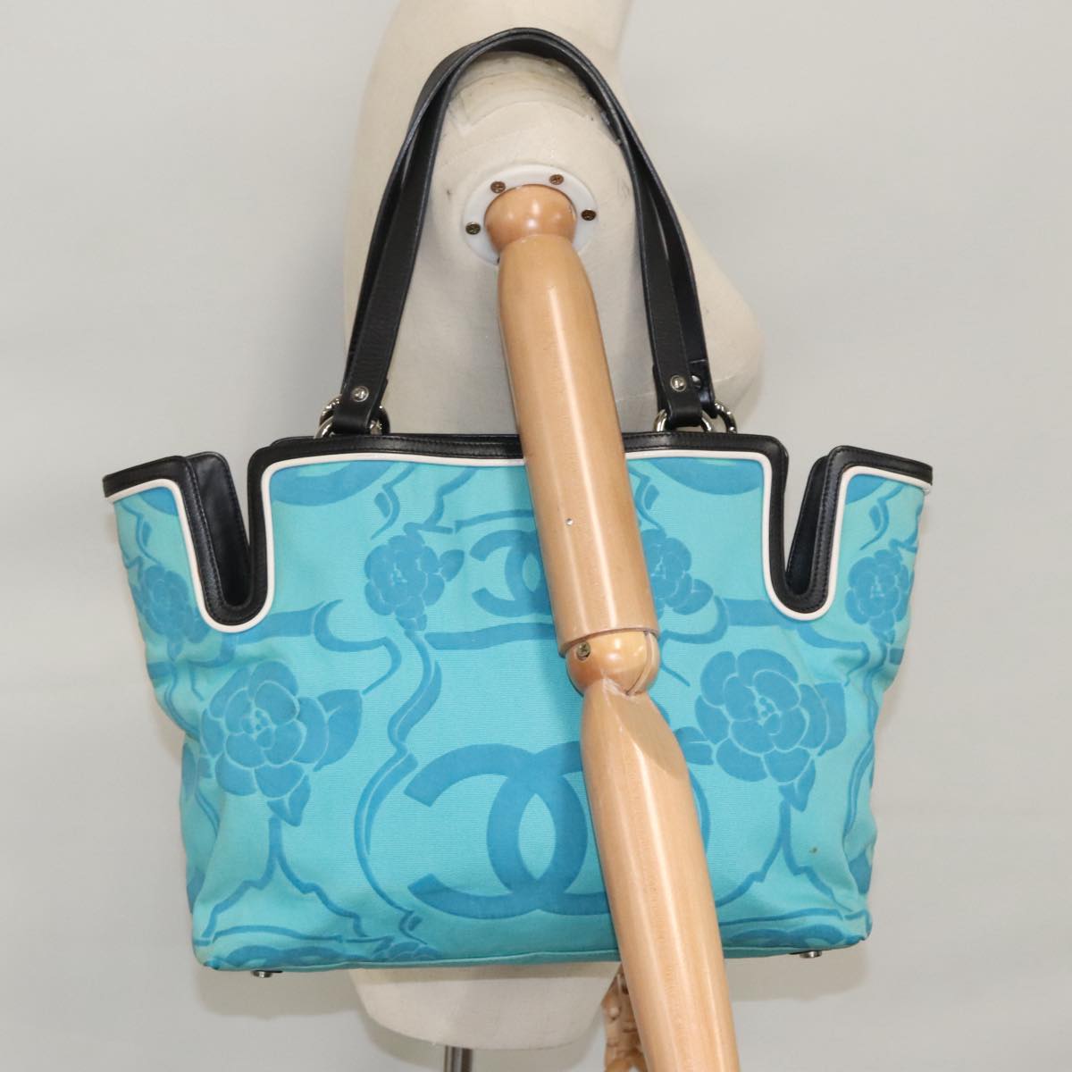 Chanel Cc, Turquoise, Canvas, tote