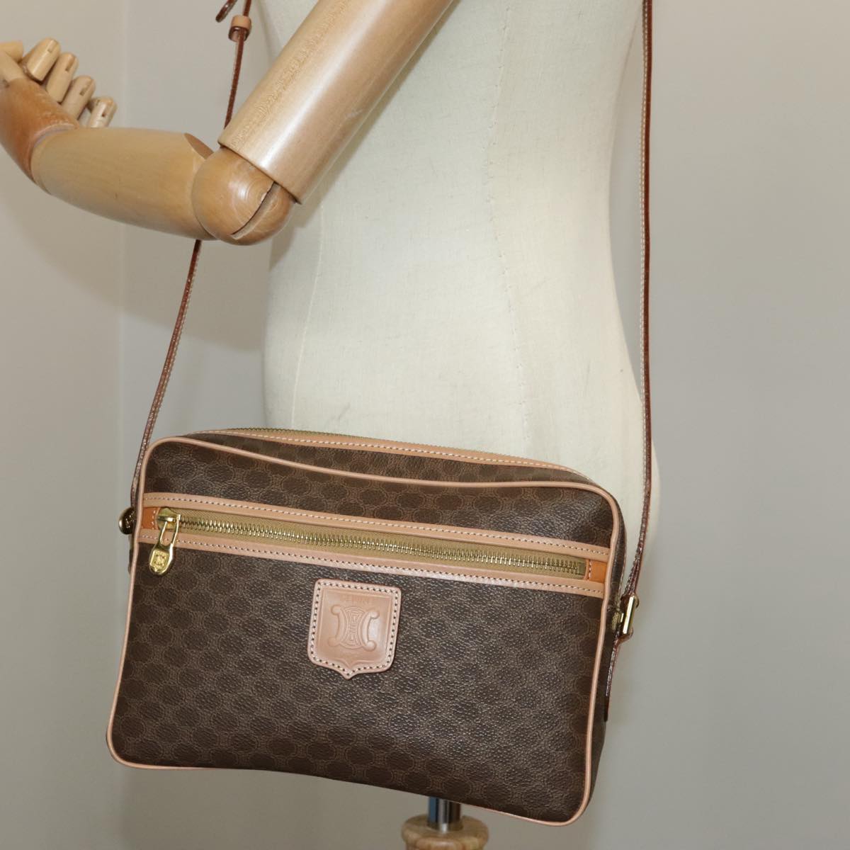 Céline Triomphe, Brown, Canvas, shoulder