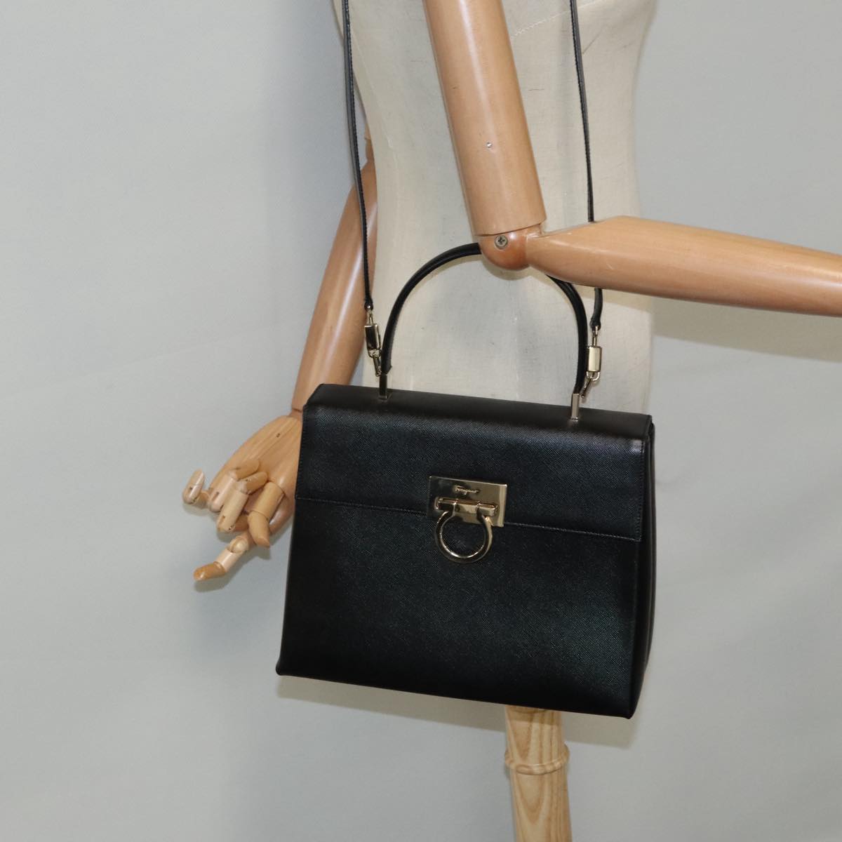 Salvatore Ferragamo Gancini, Black, Leather, handbag