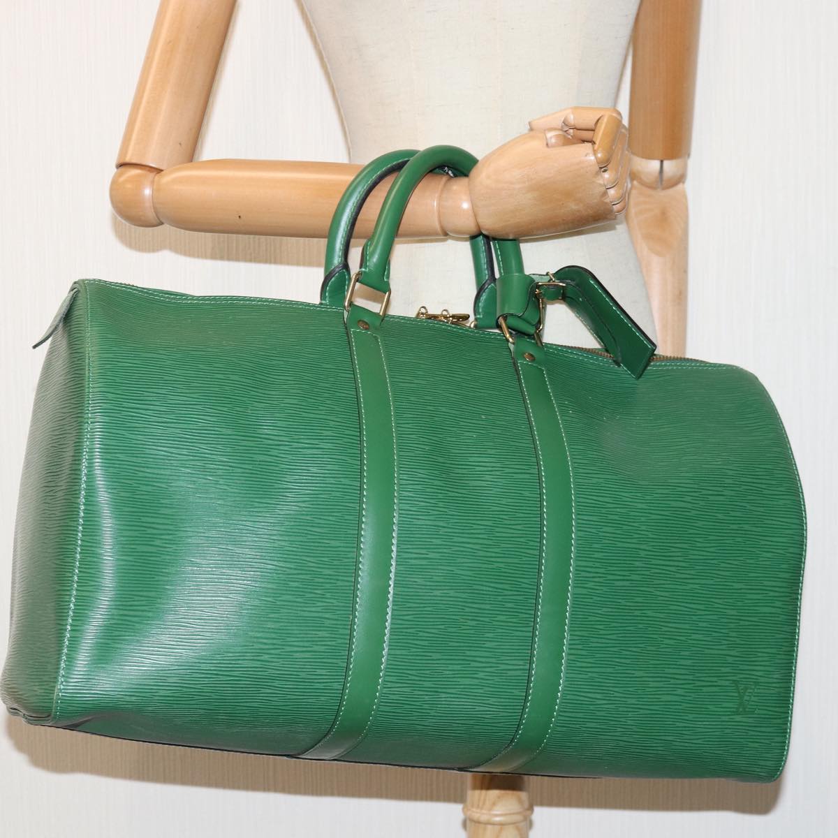 Louis Vuitton Keepall 45, Green, Leather, travel