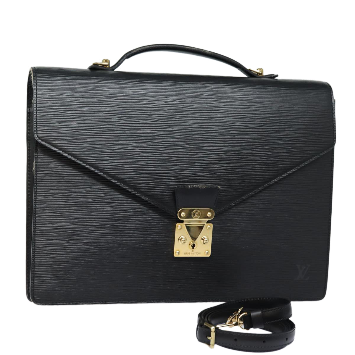 Louis Vuitton Porte Documents, Black, Leather, briefcase