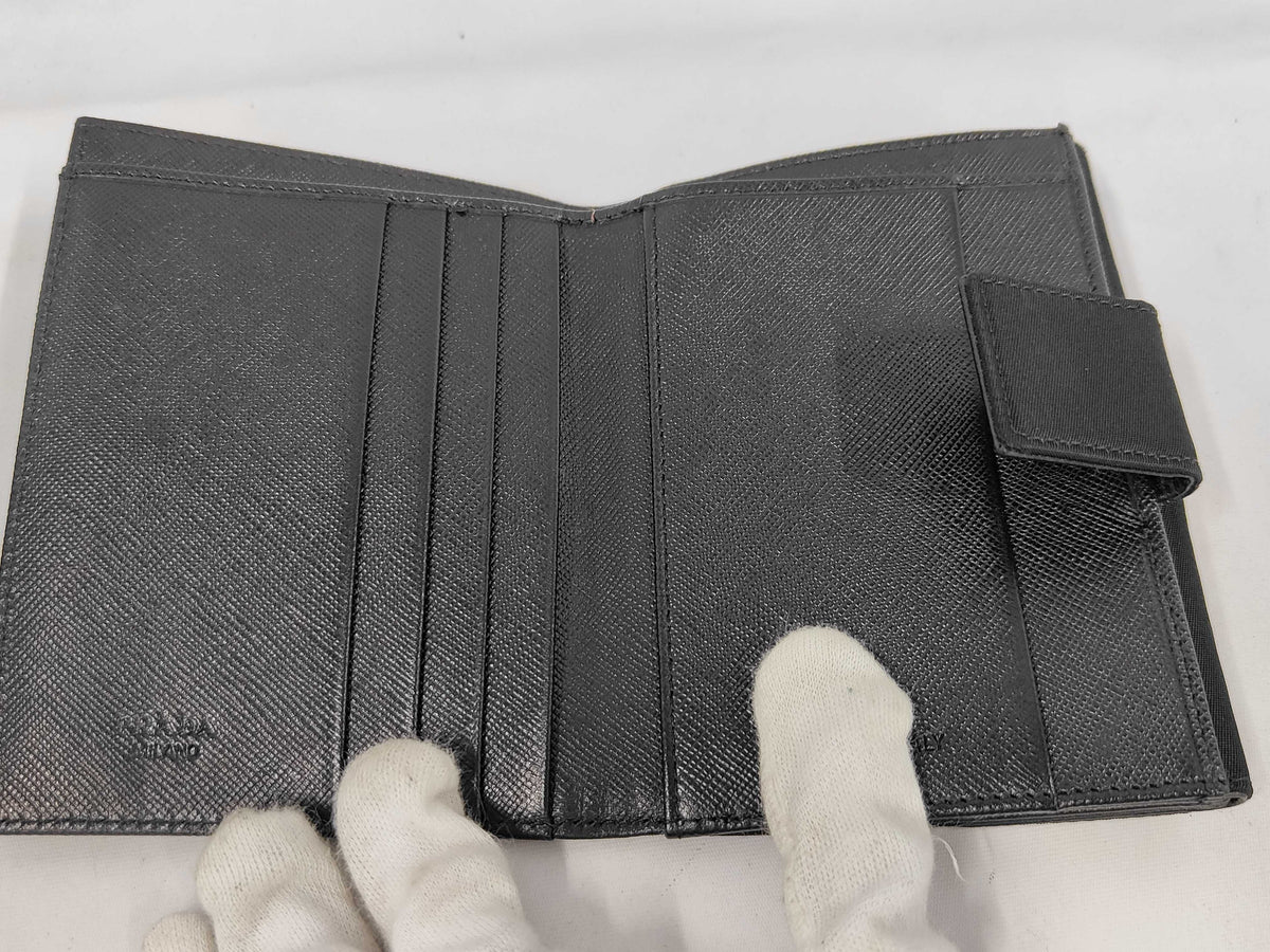 Prada Saffiano bifold Leather, Black, Nylon, Wallet
