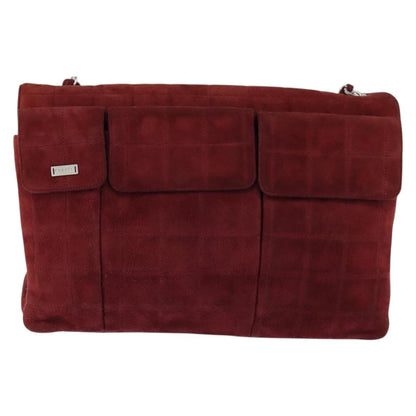 Chanel Chocolate Bar Flap Bag Quilted Satin, RED, SUEDE, Shoulder bag