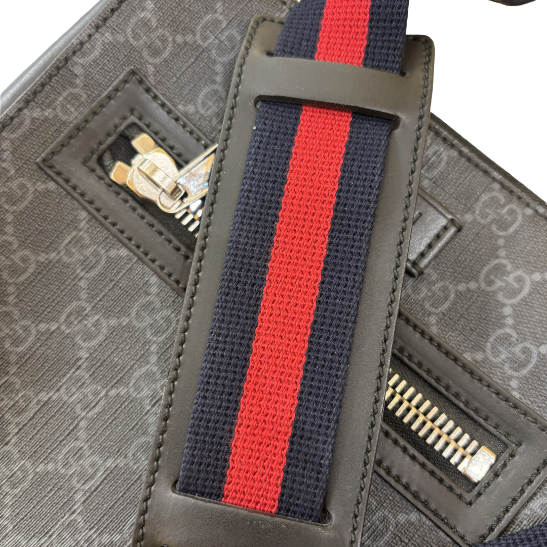 Gucci Web Strap Front Zip Messenger Printed GG Coated Canvas, Gray, Canvas, Crossbody Bag