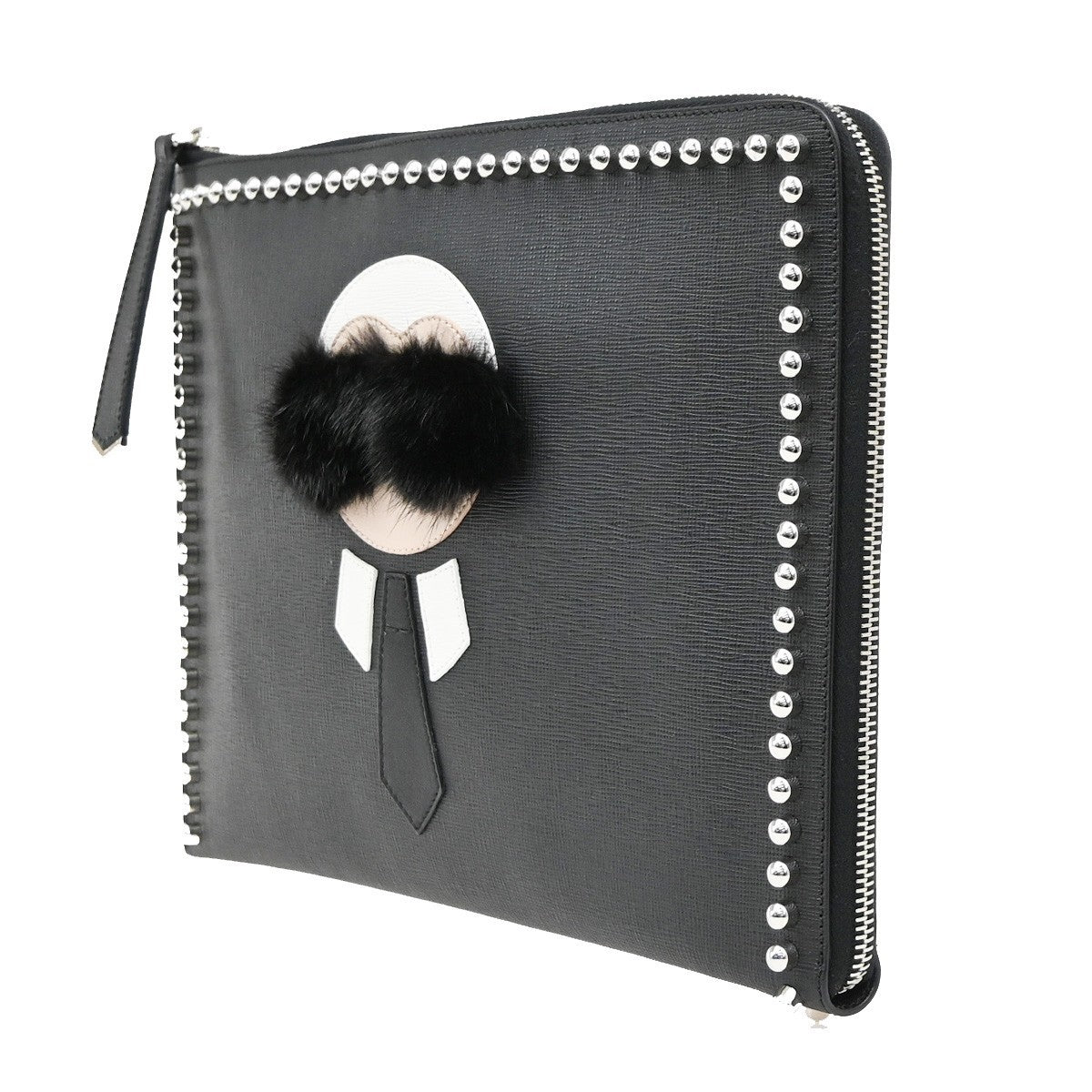 Fendi Karlito Studded Saffiano Leather, Black, Leather, Clutch