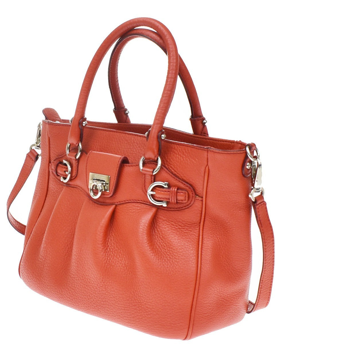 Salvatore Ferragamo Gancini Handle Leather, Orange, Leather, Tote Bag