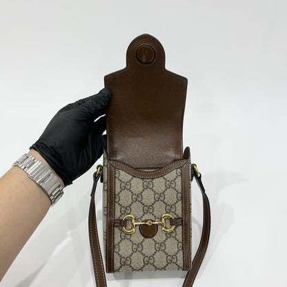Gucci Horsebit 1955 GG Coated Canvas with Leather, Brown, Canvas, Crossbody Bag