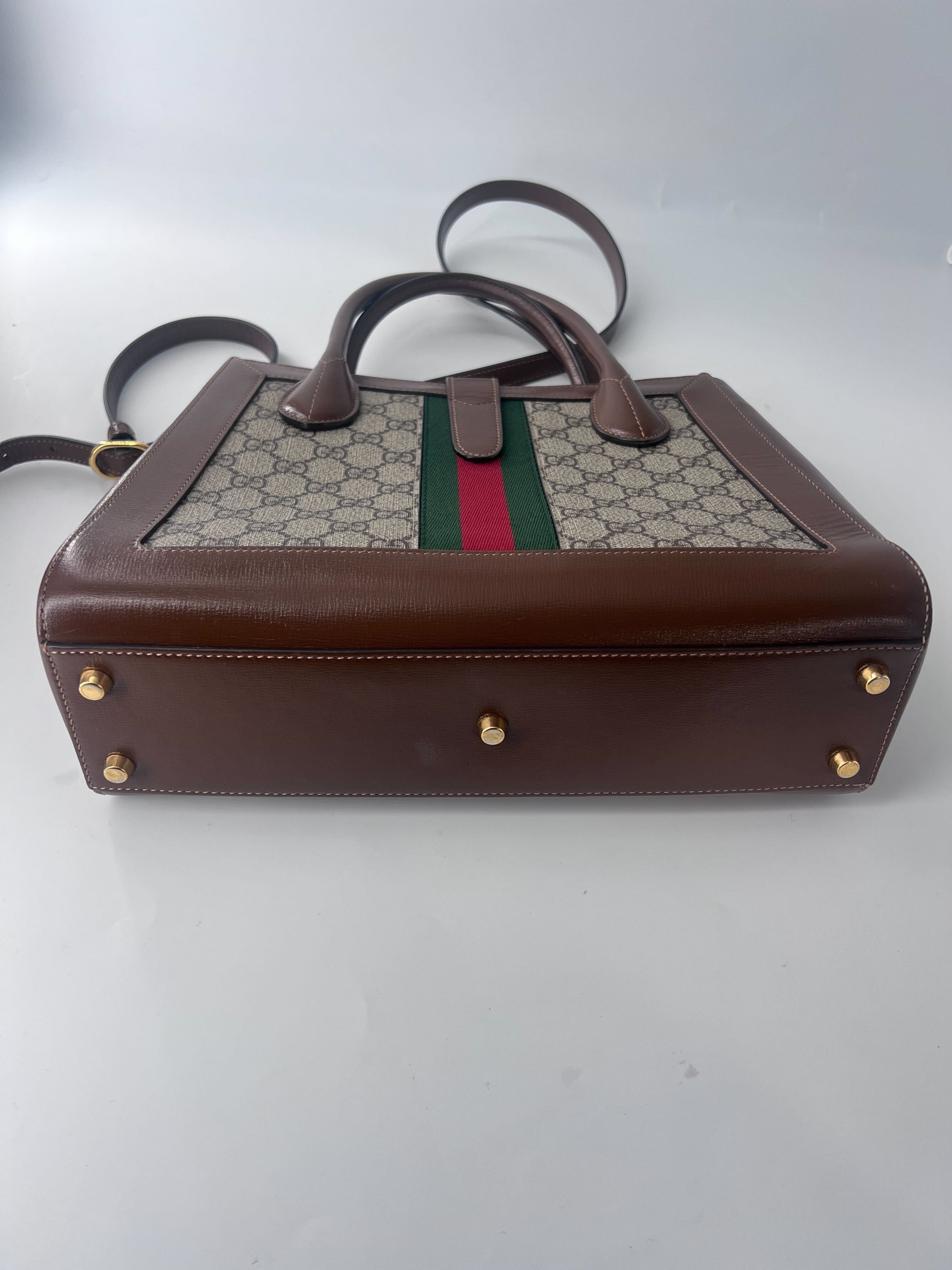 Gucci Ophidia Top Handle Tote GG Coated Canvas with Leather, BROWN, CANVAS, Handbag