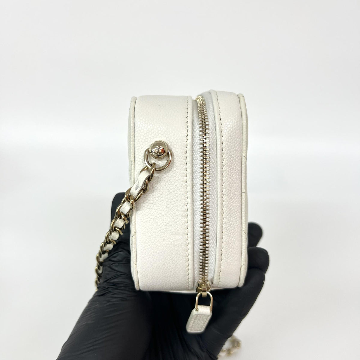 Chanel Square CC Chain Camera Quilted Caviar, White, Leather, Shoulder Bag