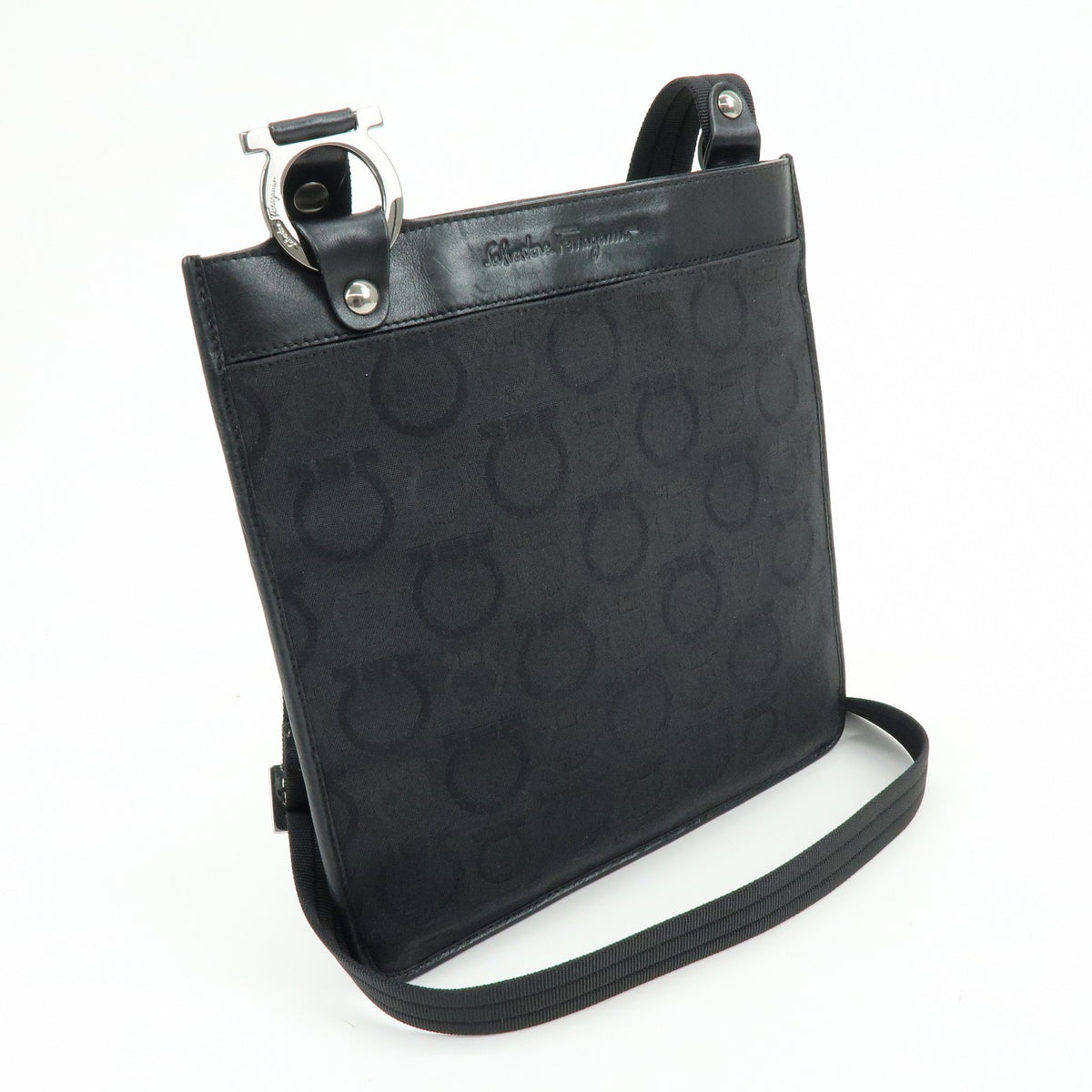 Salvatore Ferragamo Gancini Canvas and Leather, Black, Canvas, Crossbody Bag