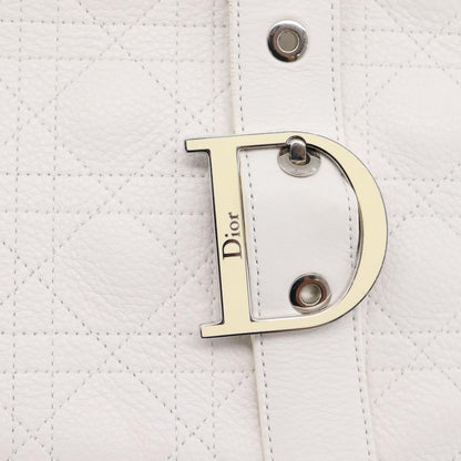 Christian Dior D Buckle Tote Cannage Stitch Leather, White, Leather, Tote Bag