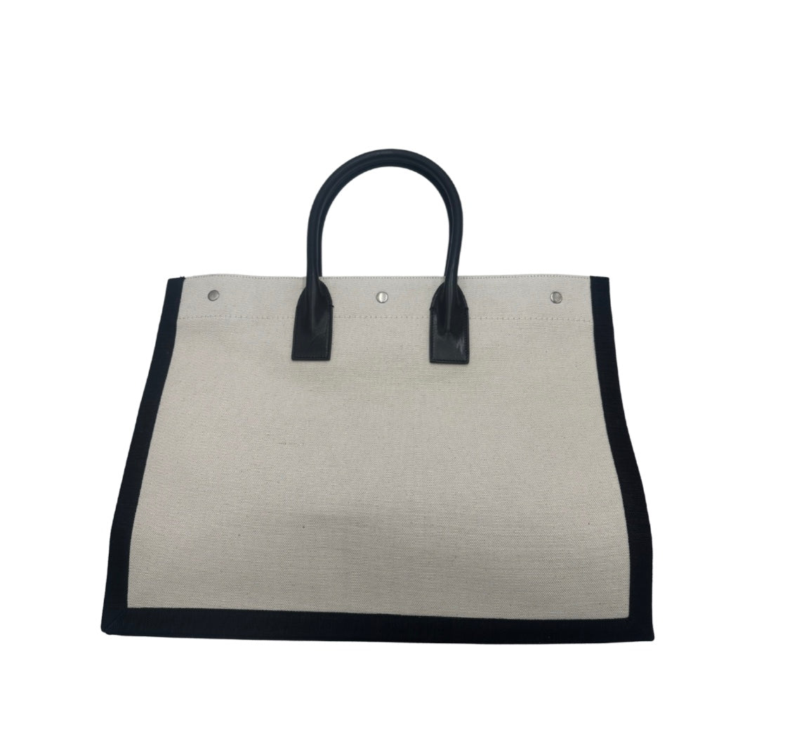Saint Laurent Rive Gauche Shopper Tote Canvas, White, Canvas, Tote Bag