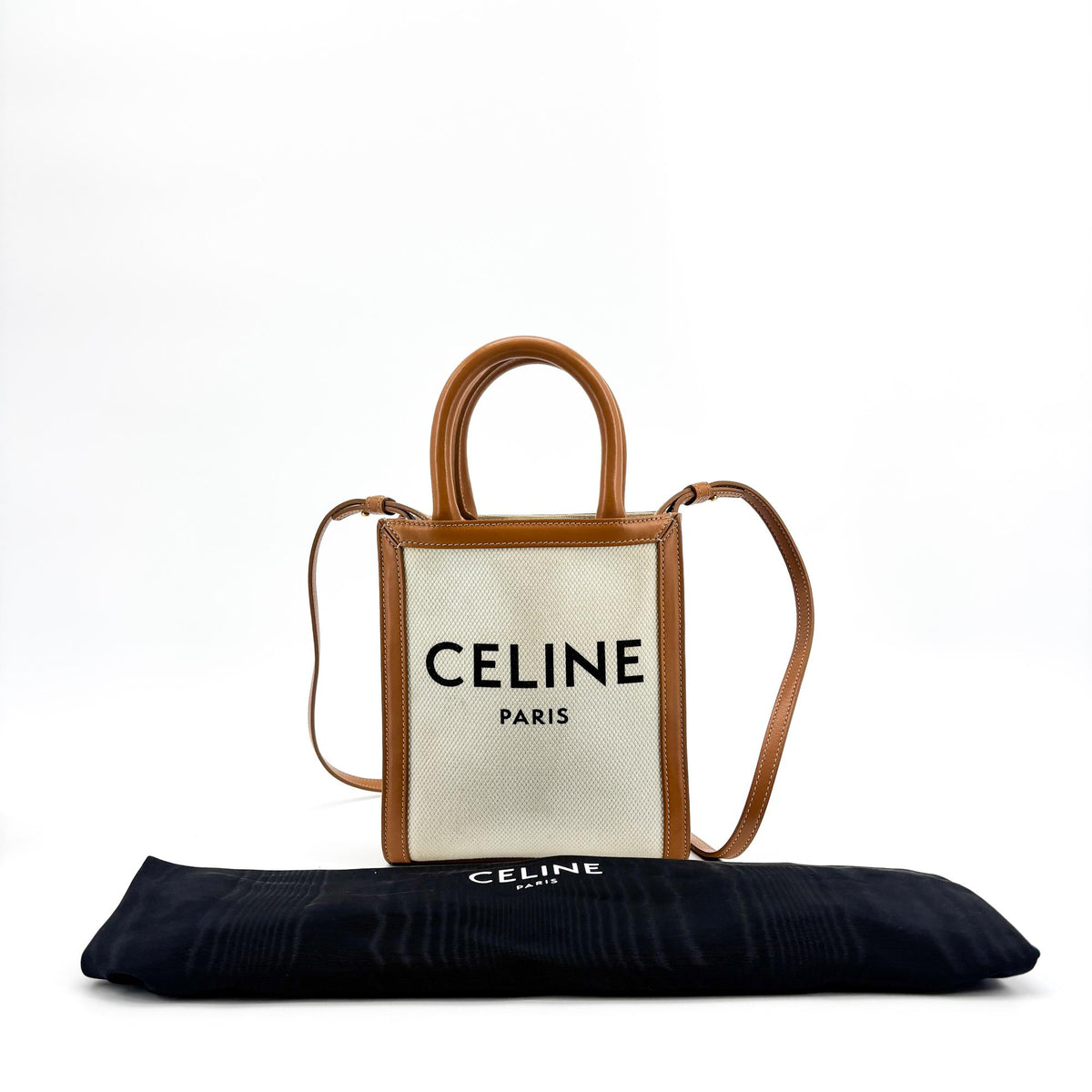 Celine Vertical Cabas Canvas with Leather, Beige, Canvas, Tote Bag