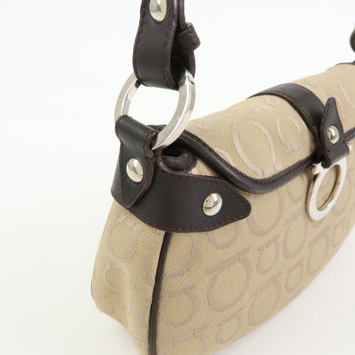 Salvatore Ferragamo Gancini Handle Leather, Beige, Canvas, Tote Bag
