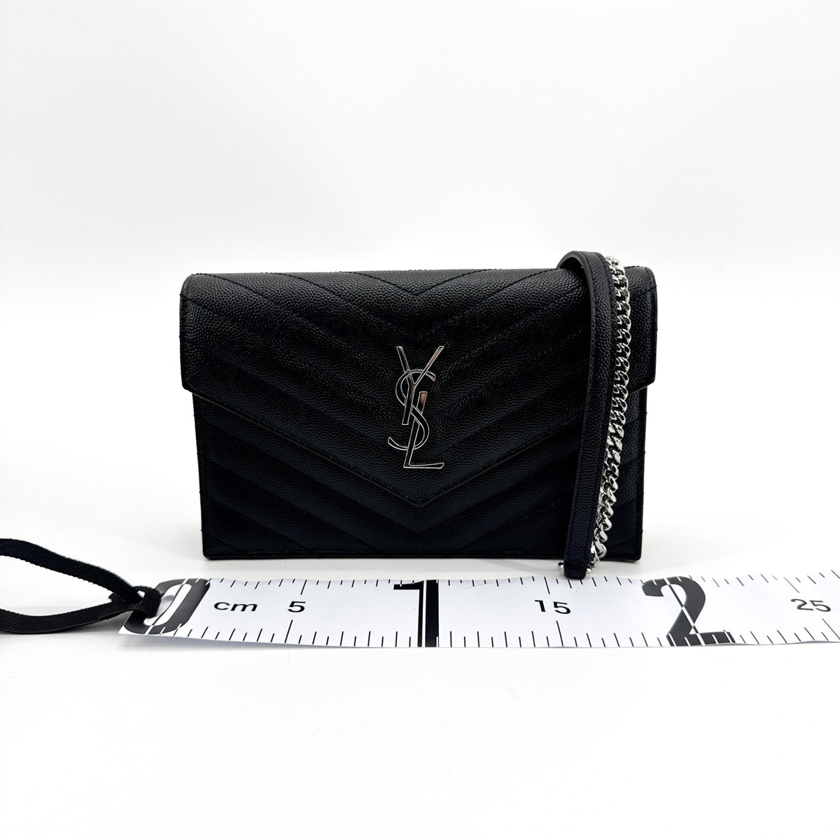 Saint Laurent Classic Monogram Wallet on Chain Matelasse Chevron Leather, Black, Leather, Crossbody Bag