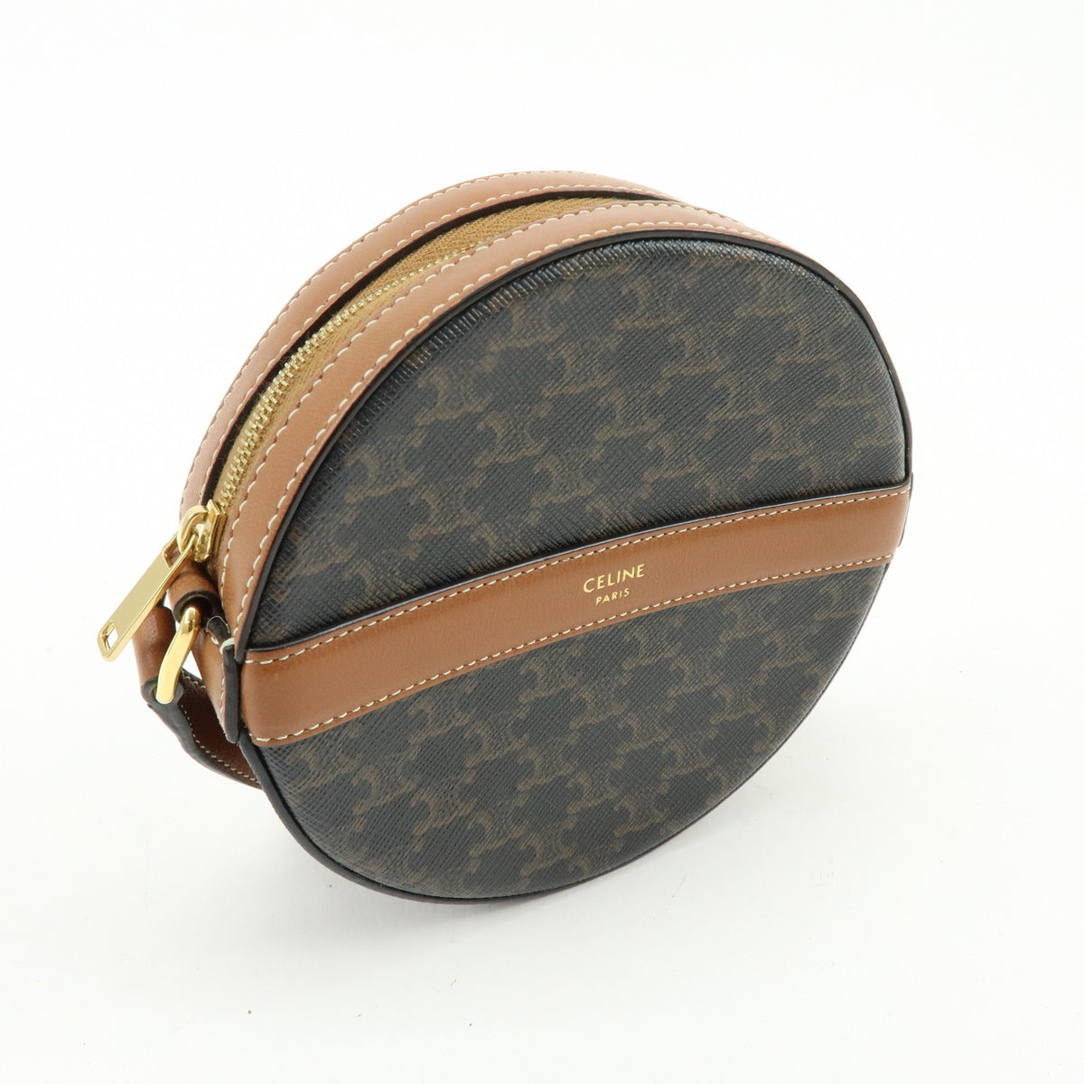 Celine Round Purse on Strap Triomphe Coated Canvas, Brown, Canvas, Crossbody Bag