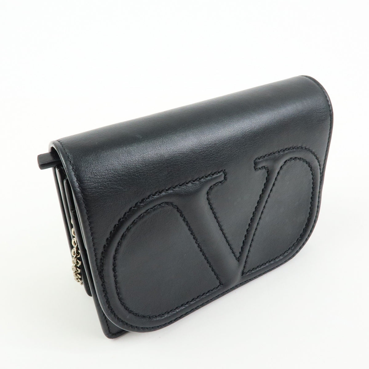 Valentino Garavani VLogo Full Flap Chain Leather, Black, Leather, Shoulder Bag