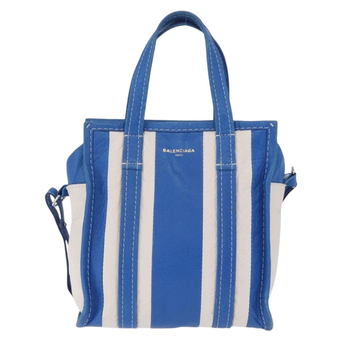 Balenciaga Bazar Convertible Striped Leather, Blue, Leather, Tote Bag