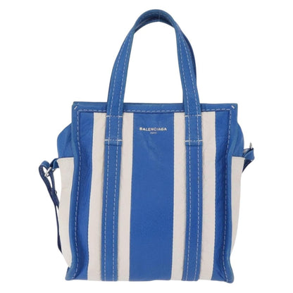 Balenciaga Bazar Convertible Striped Leather, Blue, Leather, Tote Bag