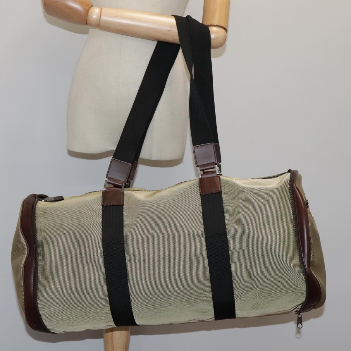 Salvatore Ferragamo Boston Leather, Beige, Canvas, Handbag