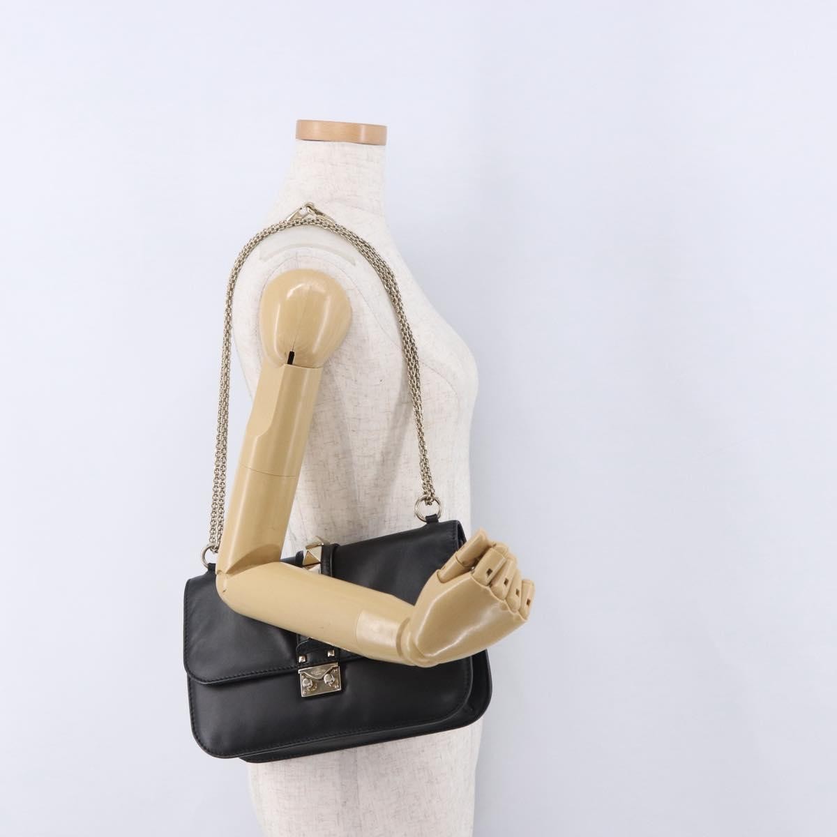 Valentino Garavani Glam Lock Leather, Black, Leather, Shoulder Bag