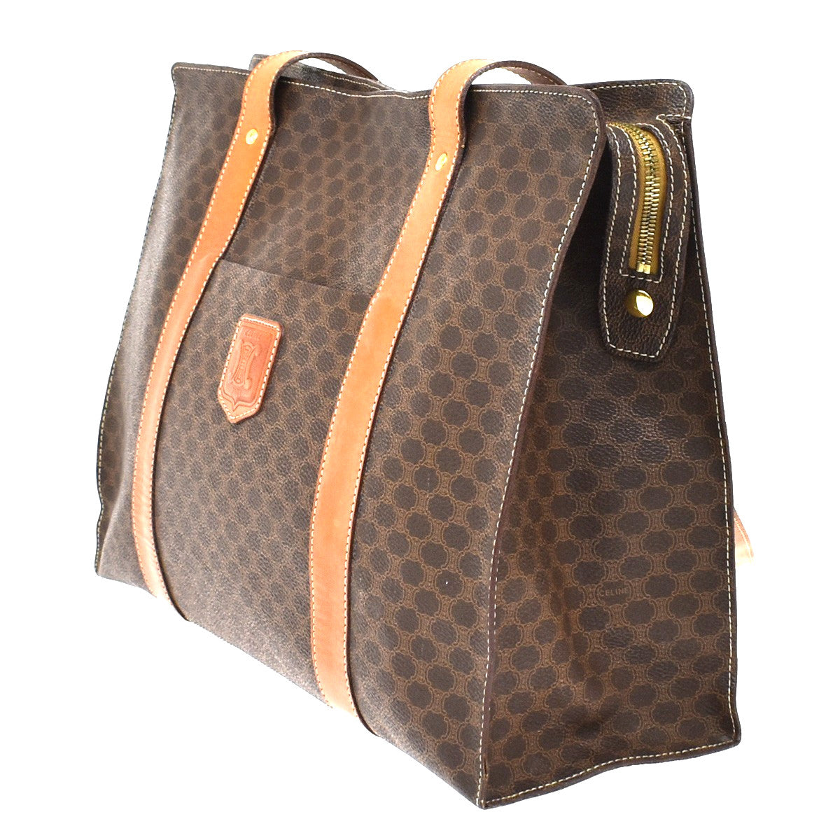 Celine Vintage Macadam Shopper Coated Canvas, Brown, Canvas, Tote Bag