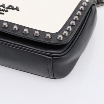 Prada Chain Flap Studded Glace Calf, White, Leather, Shoulder Bag