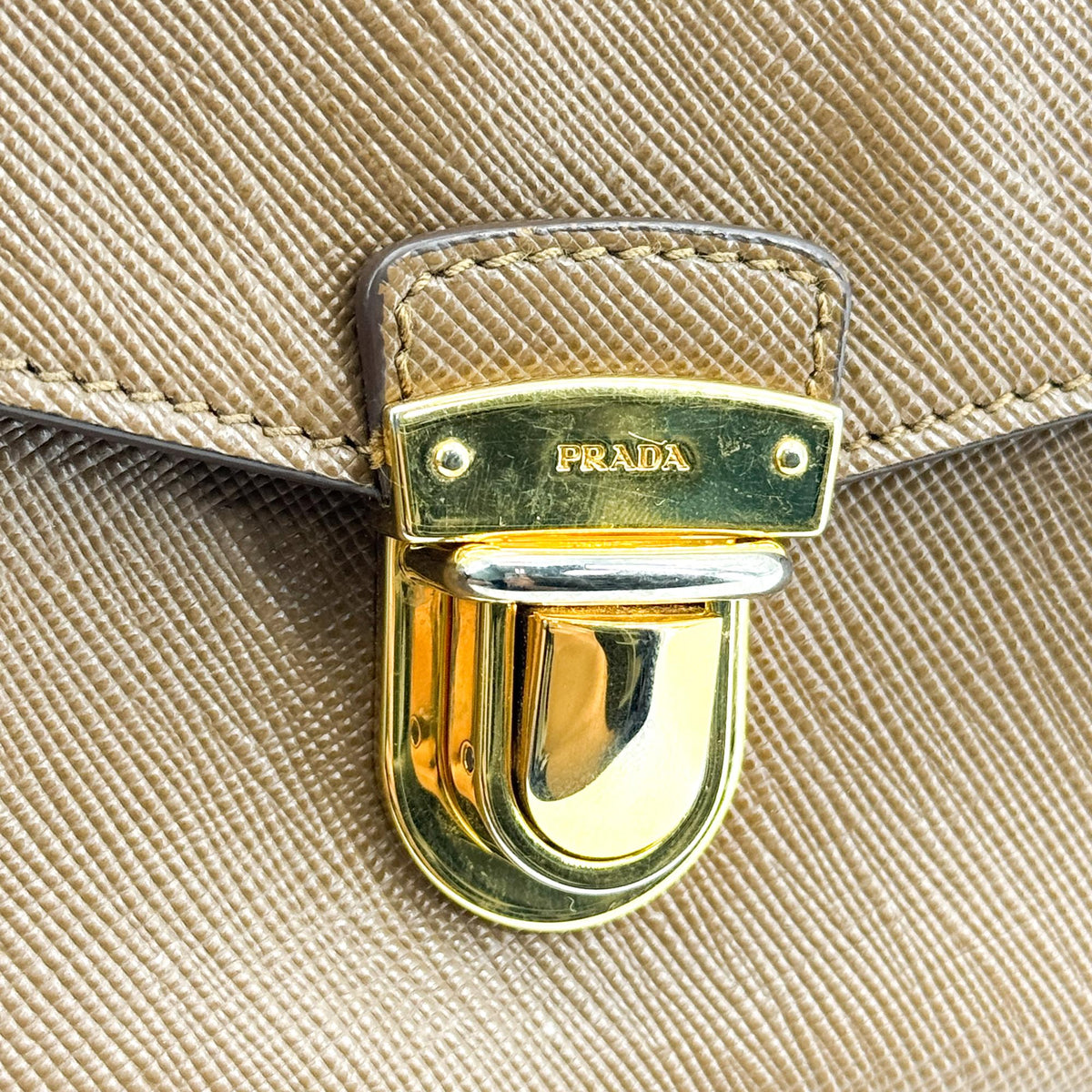 Prada Pushlock Pocket Camera Saffiano Leather, Brown, Leather, Handbag